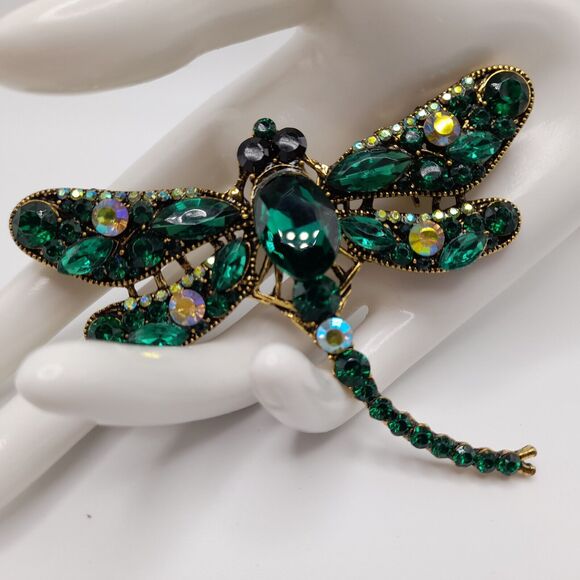Dragonfly Large Brooch Pin Green Crystal Rhinestone Jewelry - Picture 2 of 13